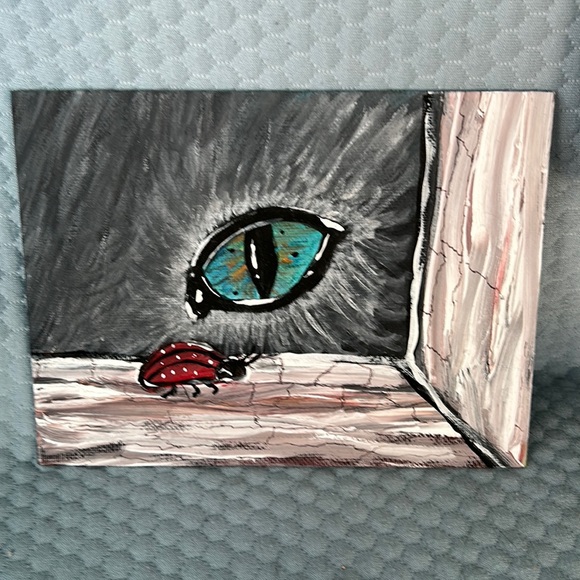 painting Cat eye 6x8 on board multi color whimsical ladybug - Picture 1 of 4